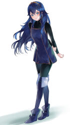 Rule 34 | 1girl, ameno (a meno0), arms behind back, black sweater, blue eyes, blue footwear, blue hair, blush, boots, closed mouth, fire emblem, fire emblem awakening, floating hair, full body, hair between eyes, long hair, long sleeves, looking at viewer, lucina (fire emblem), nintendo, ribbed sweater, simple background, smile, solo, sweater, tiara, turtleneck, turtleneck sweater, white background