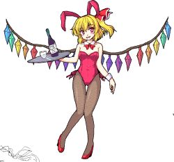 Rule 34 | 1girl, alcohol, animal ears, blonde hair, bottle, bow, bowtie, breasts, rabbit ears, crystal, cup, detached collar, fishnet pantyhose, fishnets, flandre scarlet, high heels, isaki (gomi), no headwear, no headwear, open mouth, pantyhose, playboy bunny, red eyes, shoes, short hair, side ponytail, small breasts, smile, solo, touhou, tray, wine, wings, wrist cuffs