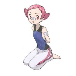 Rule 34 | 1girl, absurdres, arms behind back, bandaid, bandaid on arm, bandaid on face, bandaid on nose, barefoot, bodysuit, chimu xingcheng, collarbone, commentary request, covered navel, creatures (company), eyelashes, flat chest, full body, game freak, grey pants, gym leader, highres, kneeling, leotard, leotard under clothes, looking at viewer, maylene (pokemon), nintendo, official style, open mouth, pants, pink eyes, pink hair, pokemon, pokemon dppt, short hair, solo, toes, tongue