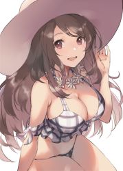 Rule 34 | 1girl, :d, alternate costume, arm up, bare legs, bare shoulders, bikini, bikini top only, blush, breasts, brown hair, cleavage, collarbone, cowboy shot, flower, flower necklace, frilled bikini, frilled bikini top, frills, groin, hair between eyes, hand on headwear, hat, highres, idolmaster, idolmaster shiny colors, jewelry, large breasts, large hat, long hair, looking at viewer, necklace, open mouth, plaid, plaid bikini, red eyes, sidelocks, simple background, smile, solo, sun hat, swept bangs, swimsuit, tsukioka kogane, white background, yumekui