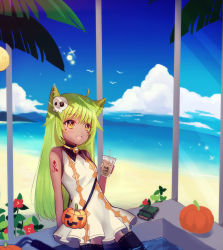 Rule 34 | 1girl, :d, ahoge, animal ears, arm support, beach, bell, bird, black thighhighs, blue sky, blush, breasts, brown eyes, cat ears, cloud, commentary, cup, dark-skinned female, dark skin, day, disposable cup, dress, drinking straw, facial mark, fang, gold trim, green hair, hair between eyes, halloween, halloween bucket, holding, holding cup, horizon, jingle bell, long hair, looking away, maodouzi, mask, mask on head, ocean, open mouth, original, outdoors, palm tree, pumpkin, sand, sitting, skull mask, sky, sleeveless, sleeveless dress, small breasts, smile, solo, sparkle, thighhighs, tree, very long hair, white dress