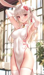 Rule 34 | 1girl, animal ears, armpits, arms up, bae.c, bare shoulders, blush, breasts, china dress, chinese clothes, clothing cutout, covered navel, cowboy shot, dress, elbow gloves, floral print, flower, gloves, hair between eyes, hair flower, hair ornament, hair rings, hair tassel, highres, indoors, lirin (bae.c), long hair, looking at viewer, medium breasts, multicolored hair, narrow waist, open mouth, pelvic curtain, plant, potted plant, print dress, rabbit ears, red eyes, red flower, side cutout, sideboob, sleeveless, sleeveless dress, solo, standing, streaked hair, tassel, tassel hair ornament, thighhighs, thighs, tsumi no hahen (debris), two side up, white dress, white gloves, white hair, white thighhighs