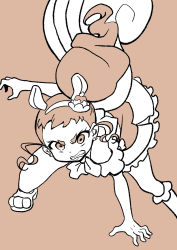 Rule 34 | 1girl, absurdres, all fours, angry, animal ears, arisugawa himari, bare shoulders, brown background, brown hair, cake hair ornament, claw pose, clenched teeth, commentary, cure custard, dress, earrings, fighting stance, flat color, food-themed hair ornament, frilled dress, frills, hair ornament, hairband, highres, jewelry, kirakira precure a la mode, long hair, looking at viewer, magical girl, monochrome, partially colored, paw shoes, precure, side ponytail, simple background, sketch, solo, squirrel ears, squirrel tail, tail, tankobukids, teeth, thick eyebrows, v-shaped eyebrows