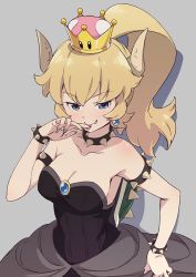 Rule 34 | 1girl, bare shoulders, black dress, blonde hair, bowsette, bracelet, collar, dress, hand to own mouth, horns, jewelry, kanzaki hiro, mario (series), new super mario bros. u deluxe, nintendo, spiked bracelet, spiked collar, spiked shell, spikes, strapless, strapless dress, super crown, turtle shell