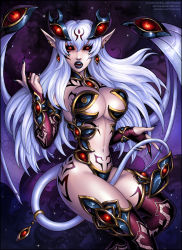 Rule 34 | armor, bikini armor, black sclera, body markings, breasts, candra, cleavage, cloud, colored sclera, colored skin, curvy, demon girl, demon horns, demon tail, demon wings, druella, earrings, fangs, floating, glowing, glowing eyes, highres, horns, jewelry, large breasts, lilim (monster girl encyclopedia), looking at viewer, low wings, monster girl, monster girl encyclopedia, monster girl encyclopedia world guide i: fallen maidens, nail polish, night, pale skin, pink skin, purple hair, red eyes, revealing clothes, sky, slit pupils, space, star (sky), starry sky, tail, tail armor, tail blade, tail ornament, tail ring, tattoo, thick thighs, thighs, veins, veiny wings, white hair, wide hips, wings, zero gravity