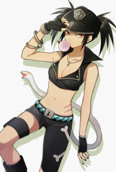 Rule 34 | 1girl, asymmetrical legwear, bad id, bad pixiv id, belt, beros, black hair, blood lad, breasts, blowing bubbles, chewing gum, cleavage, collarbone, fingerless gloves, gloves, harano, hat, medium breasts, nail polish, navel, punk, red eyes, scar, simple background, snake, solo, thigh strap, twintails, uneven legwear, white background