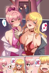 Rule 34 | 2boys, 2girls, :d, bare shoulders, blush, bodycon, bow, breasts, cleavage, collarbone, comic, dress, earrings, green jacket, hair bow, heart, highres, hoop earrings, idolmaster, idolmaster cinderella girls, jacket, jewelry, jougasaki mika, large breasts, long hair, looking at another, multiple boys, multiple girls, ohtsuki yui, open clothes, open jacket, open mouth, pink bow, pink dress, pink hair, purple bow, red dress, shiny clothes, shiny skin, smile, speech bubble, spoken heart, spoken sweatdrop, striped, striped bow, sweatdrop, tantei001