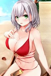 Rule 34 | 1girl, :d, absurdres, alternate costume, arm at side, bare shoulders, beach, beach chair, bikini, blue sky, blush, breasts, cleavage, cloud, collarbone, commentary request, day, ex idol, eyelashes, green eyes, grey hair, hair between eyes, halterneck, highres, hololive, horizon, large breasts, lens flare, looking at viewer, lotion, navel, ocean, open mouth, outdoors, red bikini, sand, shirogane noel, short hair, sky, smile, solo, stomach, suggestive fluid, summer, swimsuit, virtual youtuber, water