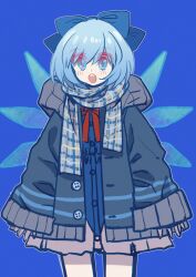 Rule 34 | 1girl, alternate costume, blue background, blue eyes, blue hair, blue scarf, bow, bowtie, buttons, cirno, contemporary, cowboy shot, detached wings, hair bow, long sleeves, looking at viewer, medium hair, red bow, red bowtie, scarf, shocho (shaojiujiu), simple background, solo, teeth, touhou, upper teeth only, wings