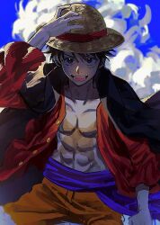 Rule 34 | 1boy, bad id, bad twitter id, black cape, black hair, cape, cloud, commentary, cowboy shot, hand on headwear, hat, highres, looking at viewer, male focus, monkey d. luffy, one piece, open clothes, open shirt, orange shorts, purple sash, sash, scar, scar on face, short hair, shorts, sky, smile, solo, straw hat, wudus6