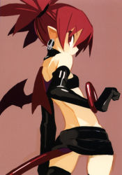 Rule 34 | 1girl, back, bangle, bare shoulders, black choker, black gloves, black skirt, bracelet, choker, cowboy shot, demon girl, demon tail, demon wings, disgaea, earrings, elbow gloves, etna (disgaea), flat chest, from behind, gloves, harada takehito, highres, jewelry, looking at viewer, looking back, makai senki disgaea, miniskirt, non-web source, official art, pointy ears, profile, red eyes, red hair, red wings, scan, short twintails, shoulder blades, simple background, skirt, skull earrings, solo, strapless, tail, thighhighs, tube top, twintails, wings