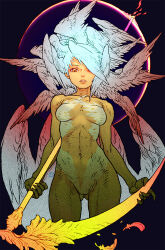 Rule 34 | black background, bodypaint, breasts, claws, colored skin, cropped legs, eclipse, feathered wings, feathers, fingernails, highres, holding, holding scythe, looking at viewer, medium breasts, midriff, navel, no genitals, no nipples, nude, orange eyes, orange skin, original, parted lips, scythe, sharp fingernails, solar eclipse, white hair, white wings, wing-shaped hair, wings, yoshikawa tatsuya