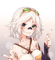 Rule 34 | 1girl, artist name, bandaged arm, bandages, bare shoulders, black nails, blue eyes, blush, collarbone, commission, criss-cross halter, facial tattoo, goggles, goggles on head, gradient background, green-tinted eyewear, green eyes, grey background, halterneck, heterochromia, hyanna-natsu, index finger raised, looking at viewer, nail polish, original, parted lips, silver hair, smile, solo, tattoo, tinted eyewear, upper body