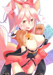 Rule 34 | 1girl, animal ears, animal hands, aranagi (arng 4401), bell, breasts, cleavage, collar, fate/grand order, fate (series), fox ears, fox tail, hair ribbon, heart, highres, large breasts, long hair, looking at viewer, neck bell, off-shoulder shirt, off shoulder, open mouth, pink hair, ribbon, shirt, solo, tail, tamamo (fate), tamamo cat (fate), tamamo cat (first ascension) (fate), tamamo no mae (fate/extra), thighhighs, yellow eyes