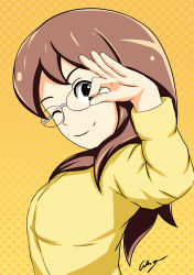 Rule 34 | 10s, 1girl, absurdres, aikiyun, black eyes, brown hair, glasses, gradient background, highres, keita&#039;s mother, long hair, looking at viewer, one eye closed, orange background, smile, solo, upper body, yellow background, youkai watch