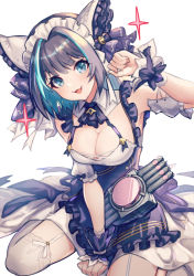 Rule 34 | 1girl, animal ears, arm up, armpits, azur lane, bare shoulders, between legs, black dress, black hair, blue eyes, breasts, cat ears, cheshire (azur lane), cleavage, detached sleeves, dress, fake animal ears, garter straps, headdress, looking at viewer, medium breasts, multicolored hair, open mouth, short hair, simple background, sitting, smile, solo, thighhighs, torpedo tubes, two-tone hair, v-shaped eyebrows, wariza, white background, white thighhighs, wrist cuffs, yoruhachi, zettai ryouiki