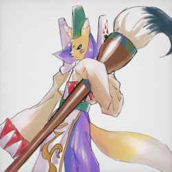 Rule 34 | black sclera, blue eyes, colored sclera, digimon, fox, highres, paintbrush, tail, taomon