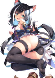 Rule 34 | 1girl, animal ear fluff, animal ears, ass, bare shoulders, black hair, black panties, black thighhighs, blush, breasts, cat ears, cat girl, cat tail, commentary request, dress, fang, green eyes, karyl (princess connect!), long hair, looking at viewer, lying, multicolored hair, on side, open mouth, panties, princess connect!, shiny clothes, short dress, simple background, small breasts, solo, tail, thigh strap, thighhighs, thighs, tomose shunsaku, underwear, white background, white hair