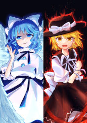 Rule 34 | 2girls, angel wings, angry, aura, back bow, black ribbon, black sash, blonde hair, blue eyes, blue hair, bow, brown headwear, brown skirt, brown vest, buttons, clenched hand, commentary request, crying, crying with eyes open, derivative work, dress, feathered wings, fedora, fire, hair bow, hat, hat bow, highres, mai (touhou), multiple girls, mystic square, open mouth, outstretched hand, puffy short sleeves, puffy sleeves, ribbon, sash, shirt, short hair, short sleeves, skirt, smirk, tears, touhou, touhou (pc-98), uzumibi, v-shaped eyebrows, vest, white bow, white dress, white ribbon, white shirt, white wings, wings, yellow eyes, yuki (touhou)