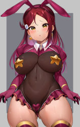 Rule 34 | 1girl, :o, alternate breast size, animal ears, bodysuit, boots, breasts, covered erect nipples, fake animal ears, gloves, hair ornament, hairclip, highres, large breasts, leotard, long hair, looking at viewer, love live!, love live! sunshine!!, navel, open mouth, playboy bunny, rabbit ears, red bodysuit, red hair, sakurauchi riko, solo, tem10, thigh boots, thighhighs, thighs, yellow eyes