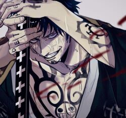 Rule 34 | 1boy, arm tattoo, black hair, blood, chest tattoo, collarbone, facial hair, finger tattoo, fingernails, goatee, grey background, grey eyes, grin, japanese clothes, looking ahead, male focus, one piece, pectorals, short hair, simple background, smile, solo, sword, tattoo, trafalgar law, weapon, wet face, zkc fes