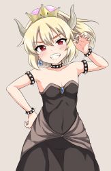 Rule 34 | 1girl, aged down, arm up, bad id, bad pixiv id, bare shoulders, black dress, blush, bowsette, bracelet, breasts, brown background, claw pose, collar, collarbone, commentary request, covered navel, crown, dress, fingernails, flo (guilty hearts), grin, hair between eyes, hand on own hip, high ponytail, horns, jewelry, leaning to the side, mario (series), mini crown, new super mario bros. u deluxe, nintendo, ponytail, red eyes, simple background, small breasts, smile, solo, spiked bracelet, spiked collar, spikes, strapless, strapless dress, super crown