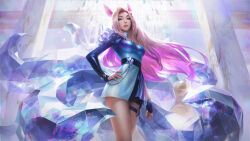 Rule 34 | absurdres, ahri (league of legends), animal ears, asymmetrical clothes, asymmetrical sleeves, bare legs, belt chain, black shorts, blonde hair, blue eyes, blue footwear, blue sash, chromatic aberration, clothing request, crystal necklace, crystal tail, diffraction spikes, eyeshadow, facial mark, fingerless gloves, fingernails, floating hair, fox ears, front slit, glitter, gloves, gold, gradient hair, hair ornament, hairclip, hand on own hip, high-waist shorts, highres, holographic clothing, idol, jewelry, k/da all out ahri, league of legends, long hair, looking at viewer, looking down, makeup, marble wall, multicolored hair, neck ring, o-ring, o-ring thigh strap, official art, official wallpaper, pillar, pink hair, pink nails, sash, shorts, shoulder spikes, single fingerless glove, skirt, spikes, standing, thigh strap, whisker markings, white skirt