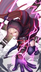 Rule 34 | 1girl, artoria pendragon (fate), black gloves, black thighhighs, blonde hair, cloak, double-blade, electricity, energy sword, fate/grand order, fate (series), gloves, highres, hood, hooded cloak, lightsaber, mysterious heroine x alter (fate), mysterious heroine x alter (third ascension) (fate), solo, suraimu (suraimuraimu), sword, thighhighs, weapon, yellow eyes