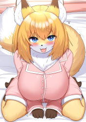Rule 34 | 1girl, :3, animal ear fluff, animal ears, animal nose, blonde hair, blue eyes, blush, body fur, breasts, dated, fangs, fox ears, fox girl, fox tail, furry, furry female, highres, horokusa (korai), huge breasts, leaning forward, looking at viewer, medium hair, on bed, open mouth, original, pajamas, pink pajamas, signature, sitting, skin fangs, solo, tail, thick eyebrows, wariza, white fur, yellow fur