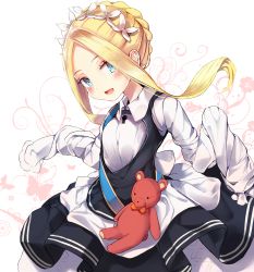 Rule 34 | 1girl, abigail williams (fate), abigail williams (festival outfit) (fate), bbci, black skirt, blonde hair, blue eyes, blush, braid, breasts, dress, fate/grand order, fate (series), forehead, french braid, highres, keyhole, long hair, long sleeves, looking at viewer, maid headdress, official alternate costume, open mouth, parted bangs, sash, simple background, skirt, sleeves past fingers, sleeves past wrists, smile, solo, stuffed animal, stuffed toy, teddy bear, very long hair, white background, white dress