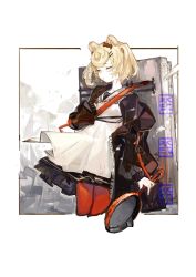 Rule 34 | 1girl, animal ears, apron, arknights, bear ears, black jacket, black skirt, blonde hair, border, breasts, candy hair ornament, carrying, chinese commentary, commentary, cowboy shot, food-themed hair ornament, frying pan, gummy (arknights), gummy (elite ii) (arknights), hair ornament, hairclip, half-closed eyes, highres, holding, holding frying pan, jacket, looking down, miniskirt, nail polish, off shoulder, open clothes, open jacket, orange eyes, outside border, pantyhose, pipidan, red nails, red pantyhose, short hair, simple background, skirt, small breasts, solo, strap, traditional media, twintails, white apron, white background