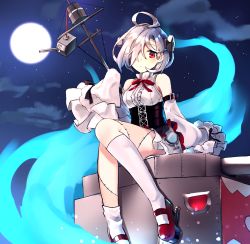 Rule 34 | 1girl, ahoge, azur lane, bolt, chamnaitu, commentary request, detached sleeves, hair over one eye, highres, looking at viewer, machinery, mary janes, red eyes, shoes, short hair, sitting, sleeves past wrists, smile, solo, stitches, terror (azur lane)