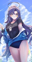 Rule 34 | 1girl, 62135409 (artist), absurdres, black shirt, blue archive, blue jacket, blue sky, blurry, buruma, cellphone, cloud, cloudy sky, collarbone, commentary request, depth of field, facial tattoo, gym shirt, gym uniform, hair between eyes, halo, highres, holding, id card, jacket, lanyard, long hair, long sleeves, looking at viewer, official alternate costume, open clothes, open jacket, outdoors, parted bangs, phone, ponytail, purple eyes, purple hair, shirt, short sleeves, sidelocks, sky, smartphone, solo, star tattoo, sweat, tattoo, track jacket, yuuka (blue archive), yuuka (track) (blue archive)