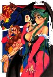 Rule 34 | 1girl, 2boys, ?, adjusting hair, angry, asymmetrical clothes, bare shoulders, bat (animal), bat wings, beads, blue eyes, blush, bracelet, braid, breasts, bridal gauntlets, brown hair, capcom, censored, cleavage, clenched teeth, convenient censoring, demitri maximoff, demon girl, donovan baine, fighting stance, fire, frills, from behind, frown, fur trim, green hair, hair over breasts, hand on thigh, head wings, heart, highleg, highleg leotard, jewelry, large breasts, leotard, lips, long hair, looking at viewer, looking away, midriff, morrigan aensland, multiple boys, muscular, nail polish, navel, no pupils, pantyhose, pectorals, print legwear, profile, red eyes, red pantyhose, ruffling hair, scan, short hair, sidelocks, single braid, speech bubble, sweat, teeth, thighs, traditional media, tsukasa jun, vampire, vampire (game), very long hair, wings, wrist cuffs
