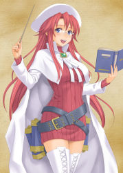 Rule 34 | 1girl, :d, aty, aty (summon night), belt, blue eyes, blush, book, boots, cape, glasses, hida tatsuo, highres, holding, holding book, long hair, open book, open mouth, red hair, smile, solo, summon night, summon night 3, thigh boots, thighhighs, white thighhighs