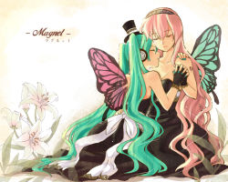 Rule 34 | 2girls, aqua nails, bad id, bad pixiv id, bow, butterfly wings, couple, dress, fingerless gloves, flower, gloves, green hair, hairband, hat, hatsune miku, head on another&#039;s shoulder, headband, headphones, holding hands, hug, insect wings, long hair, magnet, magnet (vocaloid), megurine luka, mini hat, mini top hat, multiple girls, nail polish, pink hair, tattoo, top hat, ukiruki70, very long hair, vocaloid, wings, yukimi ruki, yuri