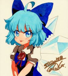 Rule 34 | 1girl, ahoge, bad id, bad pixiv id, blue bow, blue dress, blue eyes, blue hair, blush, bow, cirno, collared shirt, dress, hair bow, neck ribbon, pinafore dress, puffy short sleeves, puffy sleeves, qqqrinkappp, red ribbon, ribbon, shikishi, shirt, short hair, short sleeves, signature, sleeveless dress, solo, tongue, tongue out, touhou, traditional media, upper body, v arms, white background, white shirt, wings