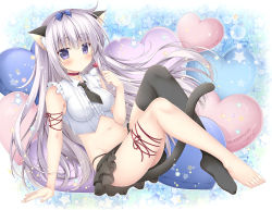 Rule 34 | 1girl, alice or alice, animal ears, arm support, bare shoulders, barefoot, black panties, black skirt, black thighhighs, blue bow, blush, bow, breasts, cat ears, cat girl, cat tail, center frills, character request, closed mouth, commentary request, crop top, frills, full body, hair bow, heart, highleg, highleg panties, holding, korie riko, layered skirt, long hair, looking at viewer, medium breasts, midriff, navel, no shoes, panties, pleated skirt, shirt, signature, silver hair, single thighhigh, skirt, sleeveless, sleeveless shirt, solo, star (symbol), starry background, tail, thighhighs, underwear, very long hair, white shirt
