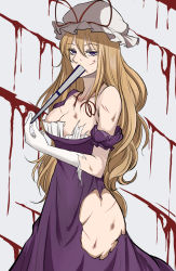 Rule 34 | 1girl, blood, blood drip, blood on face, breasts, choker, cleavage, collarbone, commentary request, covering own mouth, dress, elbow gloves, expressionless, gloves, hat, hat ribbon, highres, injury, large breasts, long hair, looking at viewer, mob cap, puffy short sleeves, puffy sleeves, purple dress, purple eyes, red choker, red ribbon, ribbon, ribbon choker, short sleeves, simple background, solo, soregashi (nobuyoshi-numa2), standing, thighs, torn clothes, torn gloves, torn sleeves, touhou, upper body, white background, white gloves, yakumo yukari