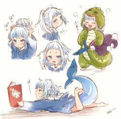 Rule 34 | 1girl, absurdres, alternate costume, alternate hairstyle, animal hood, bare legs, barefoot, blue eyes, blue hair, blue hoodie, blush, book, closed eyes, commentary, dinosaur costume, fins, fish tail, gawr gura, gawr gura (1st costume), hair bun, harui (hr x9 ), highres, hololive, hololive english, hood, hoodie, looking at viewer, lying, medium hair, multicolored hair, multiple views, on stomach, open mouth, ponytail, reading, shark hood, shark tail, sharp teeth, signature, silver hair, simple background, single hair bun, smile, streaked hair, tail, teeth, topknot, translated, two-tone hair, virtual youtuber, white background