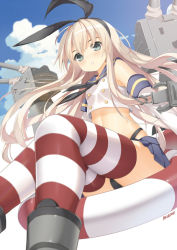Rule 34 | &gt; &lt;, 10s, 1girl, akizone, anchor, artist name, black panties, blonde hair, closed eyes, cloud, crop top, day, elbow gloves, gloves, hair ornament, innertube, kantai collection, long hair, looking at viewer, midriff, navel, open mouth, panties, parted lips, personification, rensouhou-chan, shimakaze (kancolle), sky, striped clothes, striped thighhighs, swim ring, thighhighs, underwear, white gloves