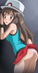 Rule 34 | 00s, 1girl, against wall, ass, awa, bare shoulders, blush, brown eyes, brown hair, clothes lift, creatures (company), from side, game freak, hat, highres, leaf (pokemon), long hair, looking at viewer, nintendo, open mouth, panties, pokemon, pokemon frlg, red skirt, skirt, skirt lift, solo, underwear, wedgie