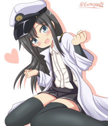 Rule 34 | 10s, 1girl, arm warmers, asashio (kancolle), black hair, black thighhighs, blue eyes, commentary request, hat, highres, kantai collection, long hair, military, military hat, military uniform, naval uniform, open mouth, peaked cap, shirt, short sleeves, sitting, smile, solo, suspenders, tamayan, thighhighs, twitter username, uniform, wariza, white shirt