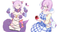 Rule 34 | 1girl, :d, absurdres, aosora kamiya, bag, black-framed eyewear, black thighhighs, breasts, bright pupils, cleavage, cowboy shot, detached collar, dress, elbow gloves, embarrassed, fang, fate/grand order, fate (series), flying sweatdrops, fur trim, glasses, gloves, hair over one eye, highres, hood, hooded jacket, hoodie, jacket, large breasts, looking at viewer, mash kyrielight, mash kyrielight (dangerous beast), mash kyrielight (senpai killer outfit), multiple girls, multiple views, navel, o-ring, o-ring top, official alternate costume, open clothes, open hoodie, open jacket, open mouth, pink eyes, pink hair, plaid, plaid dress, purple gloves, short hair, shoulder bag, simple background, smile, steam, tail, thighhighs, white background