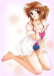 Rule 34 | 1girl, bare shoulders, barefoot, between legs, blush, breasts, brown hair, camisole, cleavage, collarbone, finger to mouth, full body, hand between legs, kneeling, lips, looking at viewer, off shoulder, parted lips, pink background, pink eyes, sagami ichisuke, short hair, shushing, simple background, solo, spaghetti strap