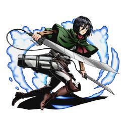 Rule 34 | 10s, 1girl, alpha transparency, belt, black eyes, black hair, boots, brown footwear, capelet, divine gate, dress shirt, dual wielding, full body, grey pants, grey shirt, hair between eyes, holding, holding sword, holding weapon, knee boots, mikasa ackerman, official art, pants, red scarf, scarf, shadow, shingeki no kyojin, shirt, short hair, solo, sword, three-dimensional maneuver gear, transparent background, ucmm, weapon