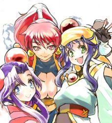 Rule 34 | 1990s (style), 3girls, bloodberry, blue hair, breasts, cherry (saber j), chikuwa (tks), cleavage, gloves, green eyes, large breasts, lime (saber j), long hair, multiple girls, purple hair, red eyes, red hair, saber marionette j, smile