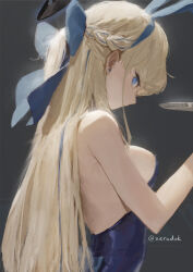 Rule 34 | 1girl, animal ears, black background, blonde hair, blue archive, blue bow, blue eyes, blue hair, blue leotard, bow, breasts, commentary, fake animal ears, grey background, hair bow, halo, highres, leotard, long hair, looking at viewer, medium breasts, multicolored hair, official alternate costume, playboy bunny, rabbit ears, simple background, solo, toki (blue archive), toki (bunny) (blue archive), twitter username, two-tone hair, zeradok