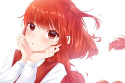Rule 34 | 1girl, blush, braid, collared shirt, hands on own chin, highres, long hair, long sleeves, looking at viewer, milll 77, okazaki yumemi, open mouth, red eyes, red hair, red vest, shirt, side ponytail, single braid, solo, touhou, touhou (pc-98), very long hair, vest, white background, white shirt