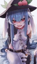 Rule 34 | 1girl, absurdres, belt, black belt, black hat, blue hair, breasts, chain, collar, commentary request, covered navel, food, fruit, hair between eyes, hat, highres, hinanawi tenshi, long hair, medium breasts, peach, red collar, red eyes, sitting, smile, solo, touhou, touhou lostword, tsune (tune)